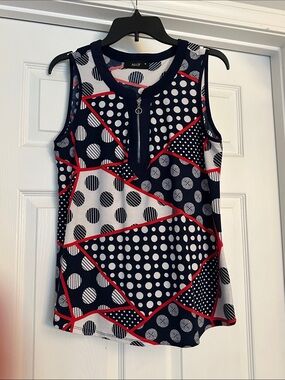 NAIF Navy White and Red Geometric Polka Dot Zip-Front Tank